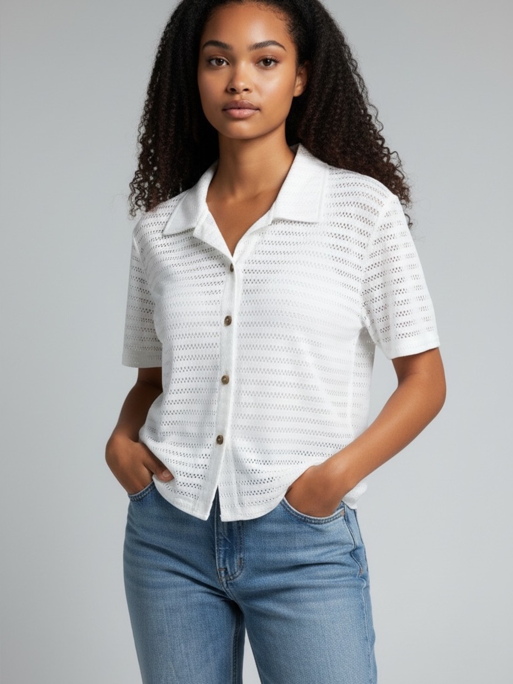 Hurley White Eyelet Button-Down Collared Top